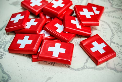 Swiss chocolate bars in swiss flag package.