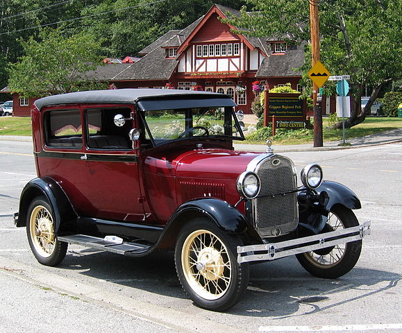 A 1928 'Model A' Ford in front of Bowen Island Public Library. fact file of Henry Ford