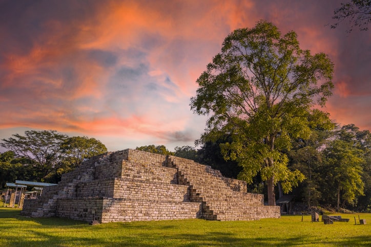 A Mayan pyramid next to a tree at the Copán Ruinas temples in Honduras. Interesting facts about Honduras