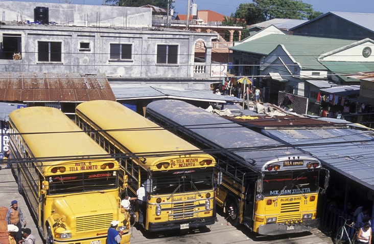 The Bus Terminal of the city of Tela near San Pedro Sula, Honduras.