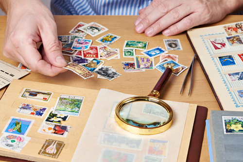 A collection of postage stamps.