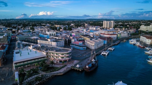 Aerial View to the Bridgetown with the Blue Water.