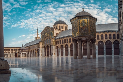 Panoramic day photo of the Great Mosque Of The Umayyads in Damascus Syria - 19082017 located in the old city of Damascus. one of the largest and oldest mosques in the world.