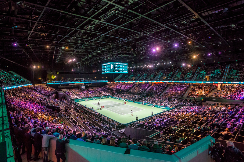 ATP World Tour indoor tennis court and stadium.