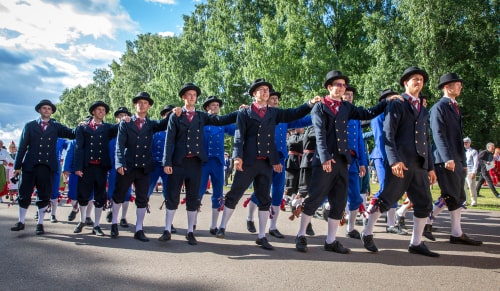 Men in traditional estonian clothing at the song festival grounds in Pirita during the song festival 'laulupide' held every 5 years in Tallinn.