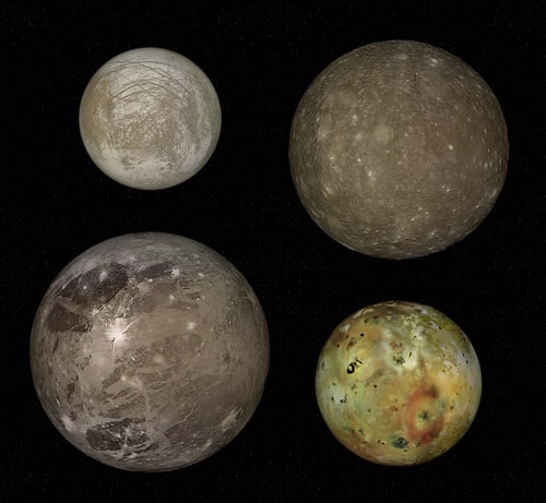 Moons of Jupiter, four biggest moons of Jupiter, real comparison, Elements of this image furnished by NASA.