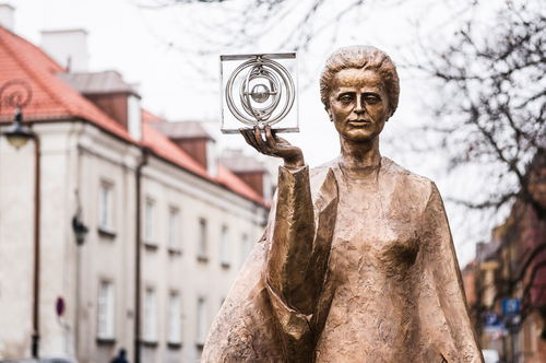 Sculpture of Marie Sklodowska-Curie by polish sculptor Bronislaw Krzysztof. The Nobel prize winning scientist is holding a graphic symbol of Polonium in her hand.