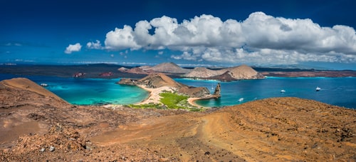 The Galapagos Islands. Panorama of the Galapagos Islands from the height of the island of Bartolome, Galapagos. Ecuador.