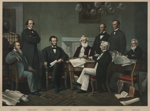 First reading of Emancipation Proclamation before the cabinet, July 22, 1862. L to R Edwin Stanton, Salmon Chase, Lincoln, Gideon Wells, Caleb Smith, William Seward, Montgomery Blair, Edward Bates.