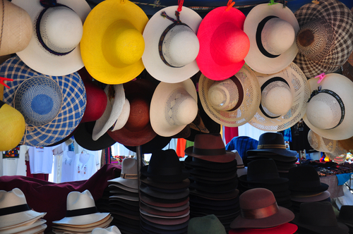 Market stall with panama hats, Ecuador.