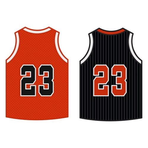 Red and Black basketball jerseys.