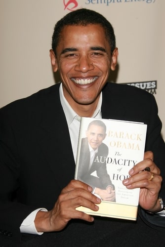 Barack Obama signing copies of his book "The Audacity of Hope"