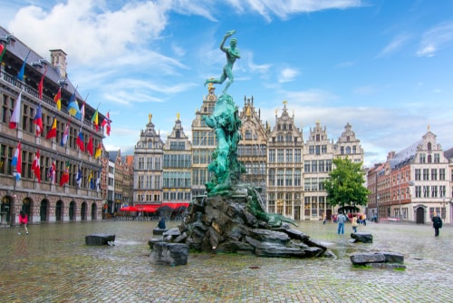 Brabo fountain on market square, center of Antwerp, Belgium.