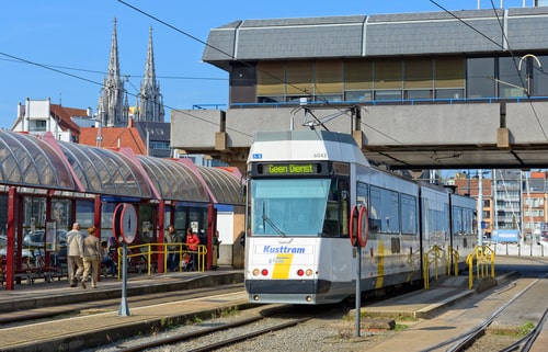 Kusttram or The Coast Tram at the Railway Station. The line serves to connect cities on entire coast of Belgium and is 68 km long.
