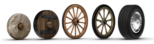 evolution of the wheel starting from a stone wheel and ending with a steel belted radial tire.