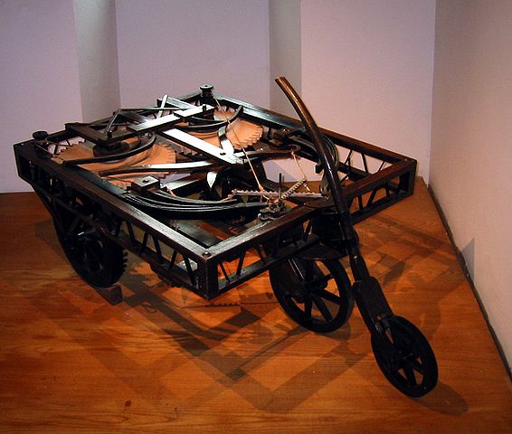 Reconstruction of an automobile invented by Leonardo da Vinci, on view at Château du Clos Lucé in Amboise in France.