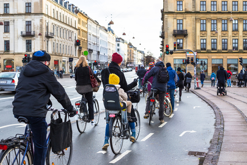 Bicyclists on road in Copenhagen. the fact file