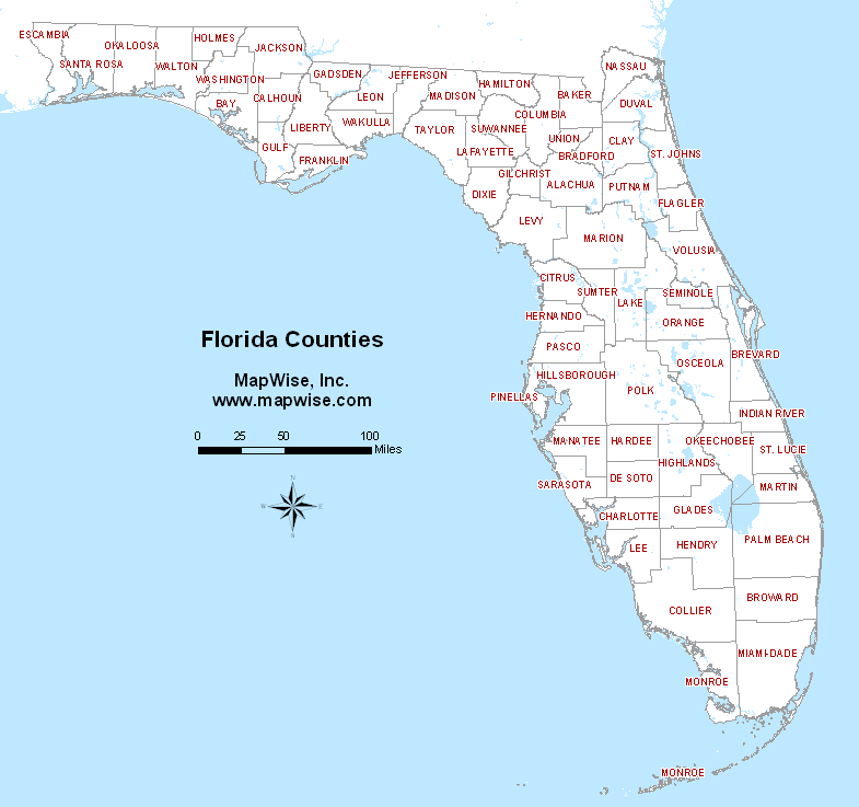 map showing counties in Florida.