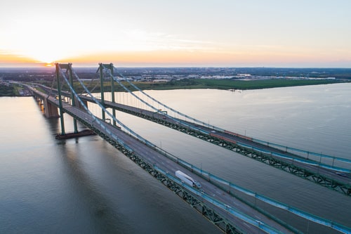 Aerial drone image of the Delaware Memorial Bridge.