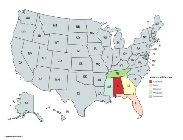 Alabama on the map with bordering states.