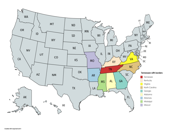 Tennessee with bordering states on the map. Tennessee fact file
