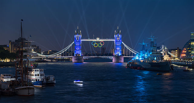 Tower Bridge illuminated with the Olympic Rings during the week leading up to the Opening Ceremony