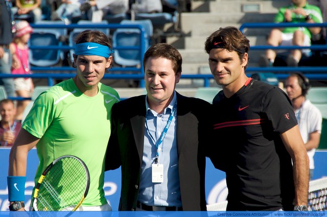 Federer and Nadal in a tennis match 