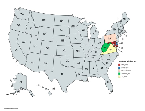 Maryland on the map with bordering states.