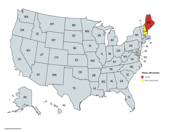 Maine on the map with its bordering state.