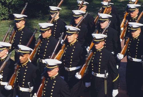 CIRCA 1994 - U.S. Naval Academy Midshipmen in formal dress for parade, Annapolis, Maryland.