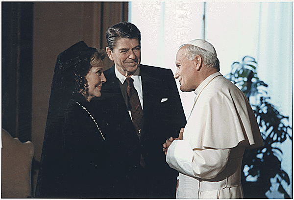 President Reagan and Nancy Reagan with Pope John Paul, II, 1982 (NARA).