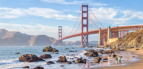 Classic panoramic view of famous Golden Gate Bridge 