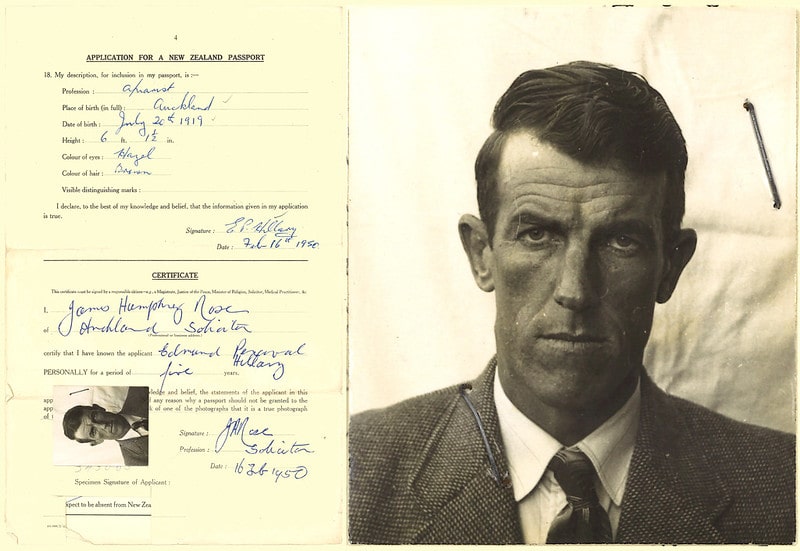 Edmund Hilary, passport application, 1951
