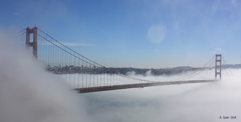 The Golden Gate Bridge slowly getting swallowed in the February fog.