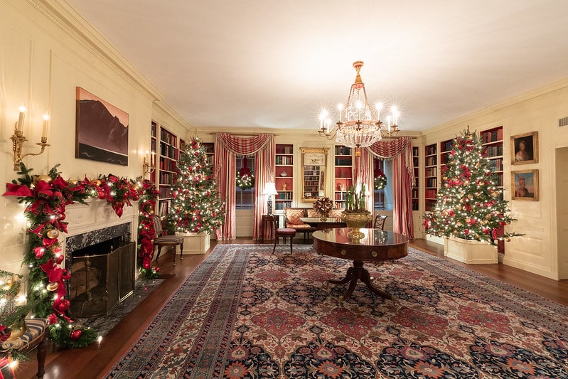 The Library of the White House is decorated for the holiday season Monday, Nov. 26, 2018.