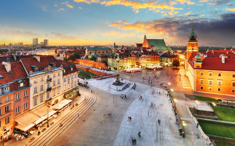 Warsaw Old Town square, Royal castle at sunset, Poland.