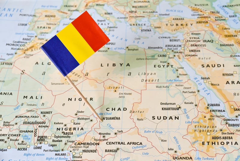 Chad paper flag pin on a map. landlocked countries in the world