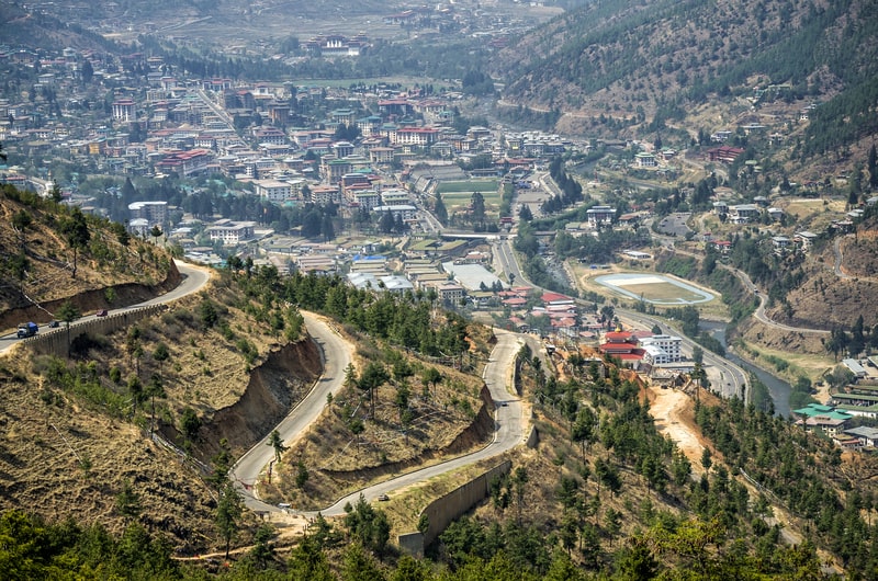 An aerial shot of Thimphu, the capital and largest city of Bhutan.