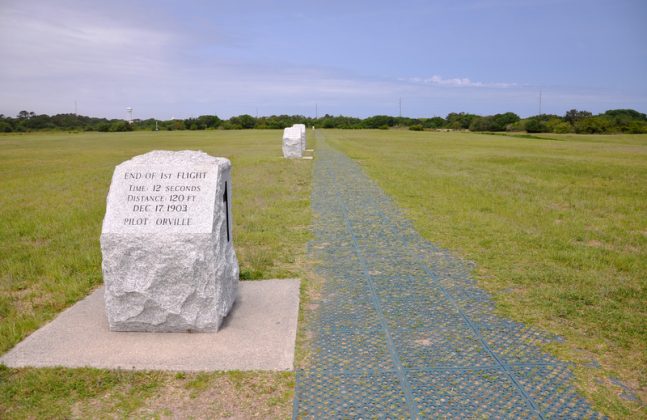 First Landing Spot and Launch Rail at Wright Brothers National Memorial, Kill Devil Hills, North Carolina, USA