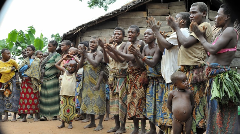 People from a tribe of Baka pygmies in village of ethnic singing.