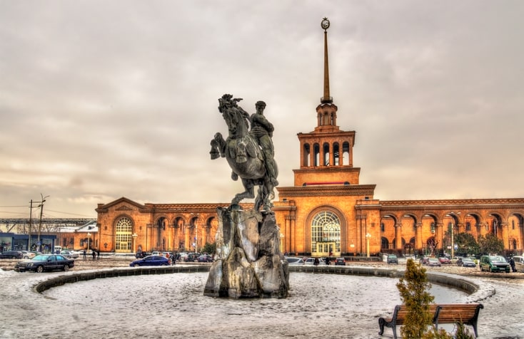 David of Sassoun statue and Yerevan Railway Station - Armenia