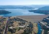Aerial photo of Lake Oroville, Oroville Dam, the spillway, and the Feather River